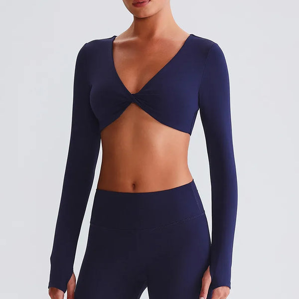 JIA Twist Deep V Workout Cropped Yoga Tops for women Long Sleeve Crop Tops