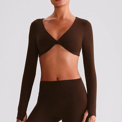 JIA Twist Deep V Workout Tops Long Sleeve Crop Tops for women