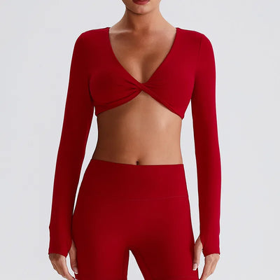 JIA Twist Deep V Workout Yoga Tops Long Sleeve Crop Tops for women