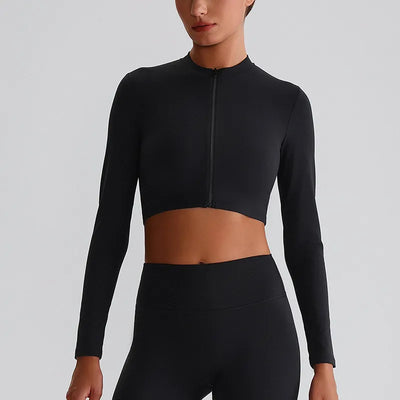 JIA Women's Yoga Jacket Crop Top with Zipper -black