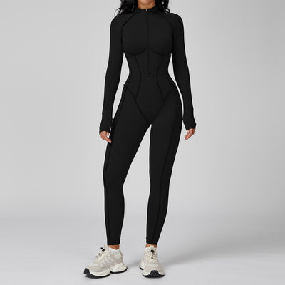 JIA Workout Fitted Bodysuit with Long Sleeve Zipper Jumpsuit