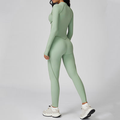 JIA Workout Fitted Bodysuit with Long Sleeve Zipper Jumpsuit