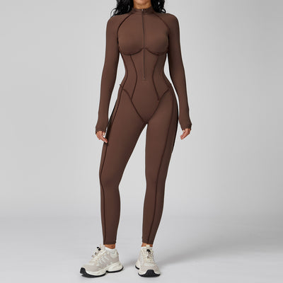 JIA Workout Fitted Bodysuit with Long Sleeve Zipper Jumpsuit
