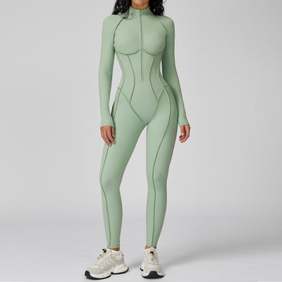 JIA Workout Fitted Bodysuit with Long Sleeve Zipper Jumpsuit