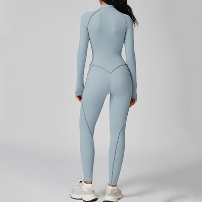 JIA Workout Fitted Bodysuit with Long Sleeve Zipper Jumpsuit