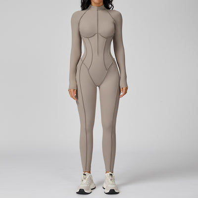 JIA Workout Fitted Bodysuit with Long Sleeve Zipper Jumpsuit