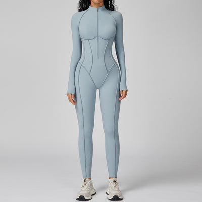 JIA Workout Fitted Bodysuit with Long Sleeve Zipper Jumpsuit