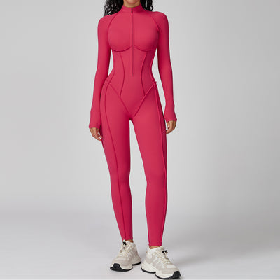 JIA Workout Fitted Bodysuit with Long Sleeve Zipper Jumpsuit