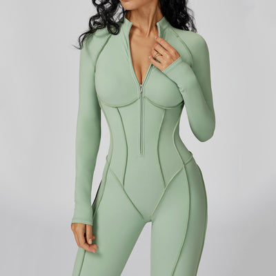 JIA Workout Fitted Bodysuit with Long Sleeve Zipper Jumpsuit