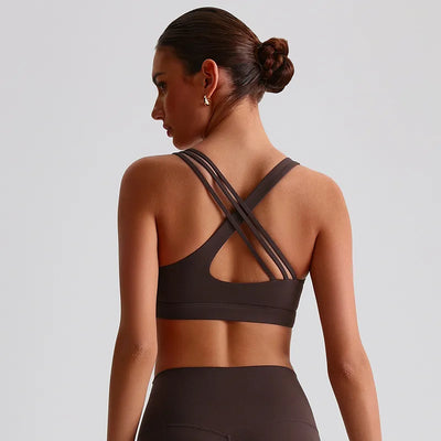 Jiaing Cross Back Medium Impact Padded Sports Bra-chocolate