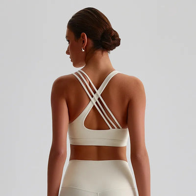Jiaing Cross Back Medium Impact Padded Sports Bra-lvory
