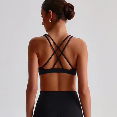 Jiaing High Neck Cross Back Padded Sports Bra- black