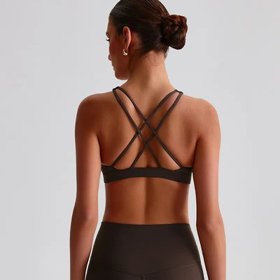 Jiaing High Neck Cross Back Padded Sports Bra- chocolate
