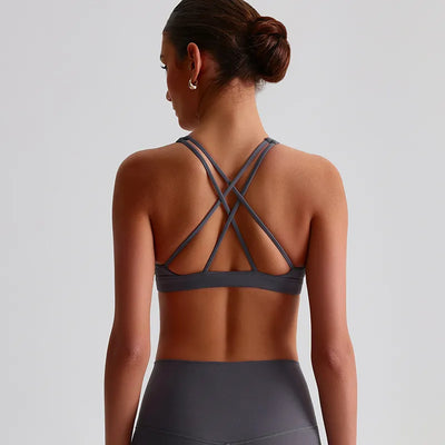 Jiaing High Neck Cross Back Padded Sports Bra- gray