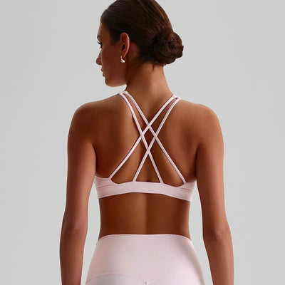Jiaing High Neck Cross Back Padded Sports Bra- pink