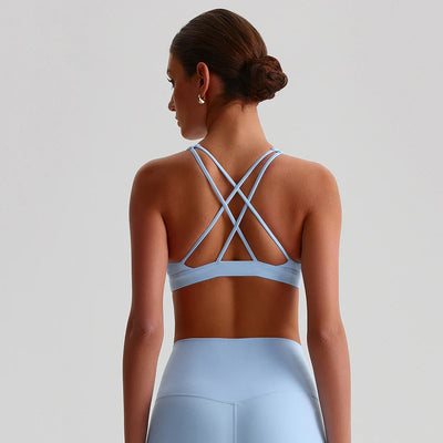 Jiaing High Neck Cross Back Padded Sports Bra-baby blue
