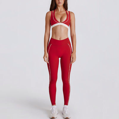 JIA Color-Block V-Neck Halter Yoga Bra & Leggings Set QY6534