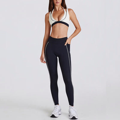 JIA Color-Block V-Neck Halter Yoga Bra & Leggings Set QY6534