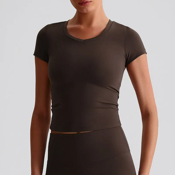 Short Sleeve Basic Shirts Soft Fitted Stretchy Athletic Workout Tops-chocolate