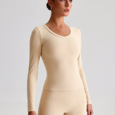 Slim Fitted Long Sleeve Yoga Shirts Going Out Top-Black-cashew butter
