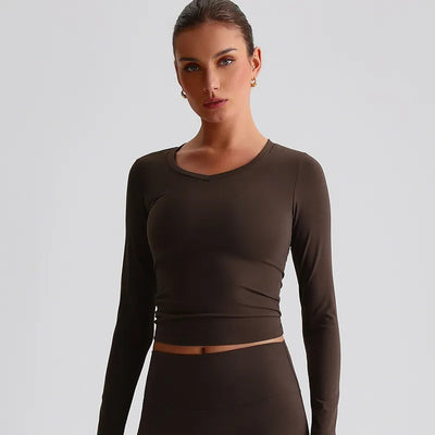 Slim Fitted Long Sleeve Yoga Shirts Going Out Top-Black-chocolate