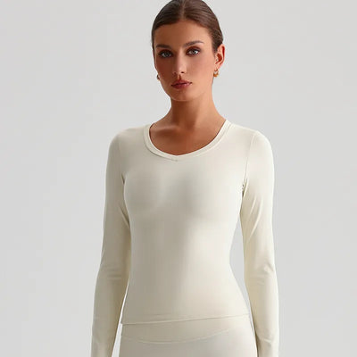 Slim Fitted Long Sleeve Yoga Shirts Going Out Top-Black-lvory