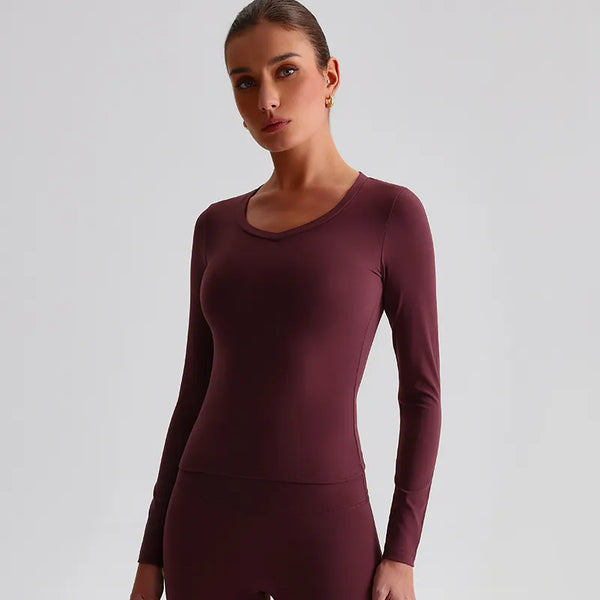 Slim Fitted Long Sleeve Yoga Shirts Going Out Top-Black-maroon