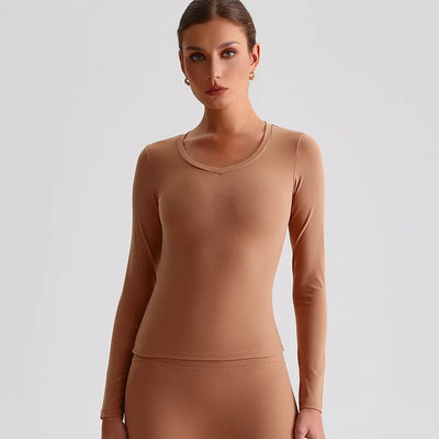 Slim Fitted Long Sleeve Yoga Shirts Going Out Top-Black-mocha mousse