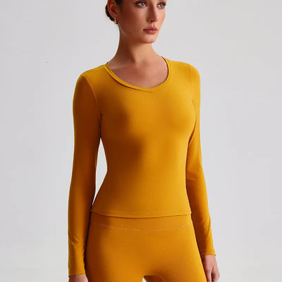 Slim Fitted Long Sleeve Yoga Shirts Going Out Top-Black-orange