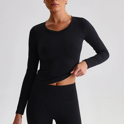 Slim Fitted Long Sleeve Yoga Shirts Going Out Top-Black