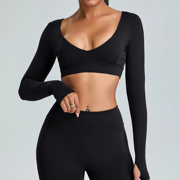 V Neck Workout Athletic Gym Cropped T Shirt Top-black