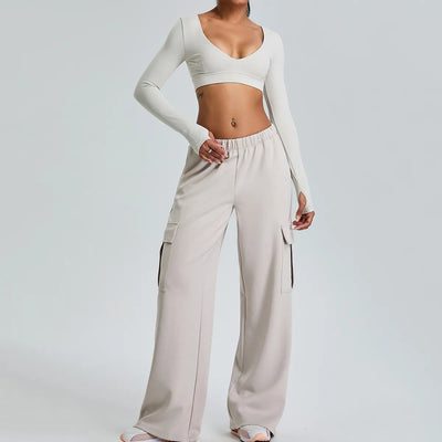 V Neck Workout Athletic Gym Cropped T Shirt Top-lvory1