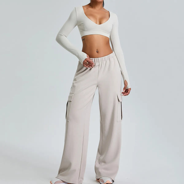 V Neck Workout Athletic Gym Cropped T Shirt Top-lvory1