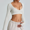 V Neck Workout Athletic Gym Cropped T Shirt Top-lvory