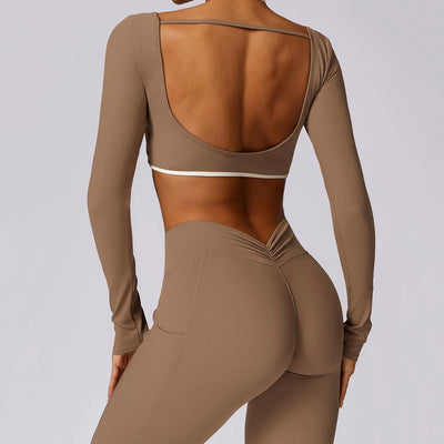 Yoga Long Sleeve Crop Top Built in Halter Bra-back