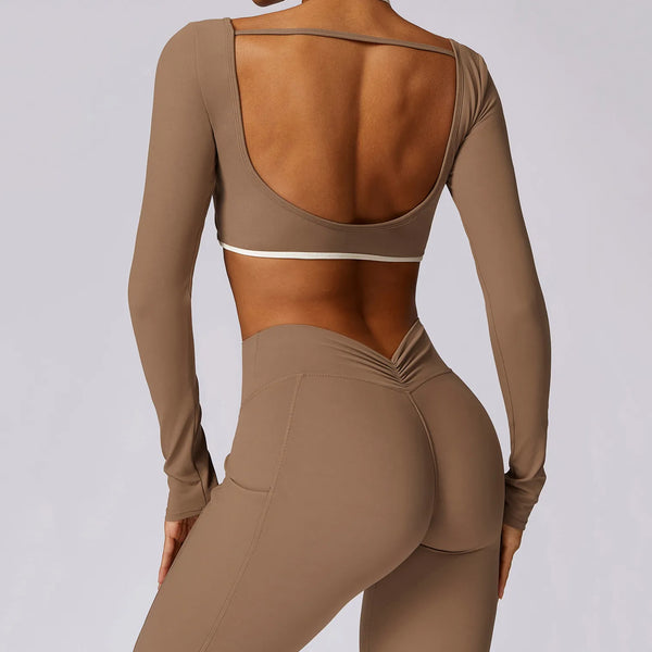Yoga Long Sleeve Crop Top Built in Halter Bra-back