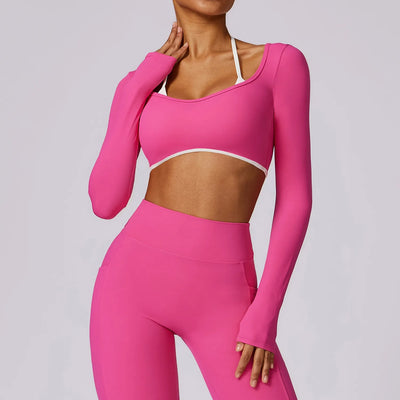 Yoga Long Sleeve Crop Top Built in Halter Bra-deep pink