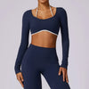 Yoga Long Sleeve Crop Top Built in Halter Bra-navy 