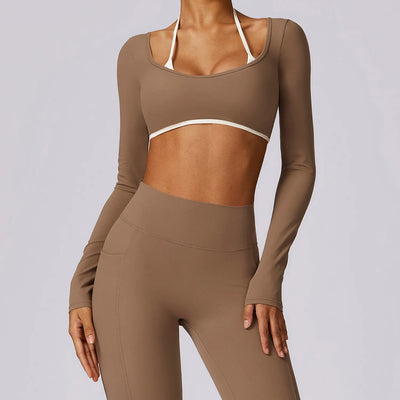 Yoga Long Sleeve Crop Top Built in Halter Bra